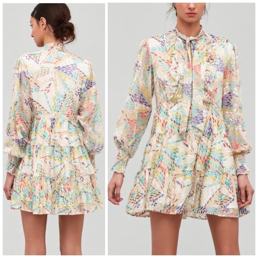 {C/MEO Collective} Set Up Ivory Burnout Velvet Long Sleeve Mini Dress, Size S/2